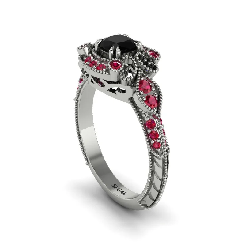 Classic Wedding Rings For Timeless Glam-Black Diamond Vintage Filigree Cushion Cut Engagement Ring - Elaina No. 54