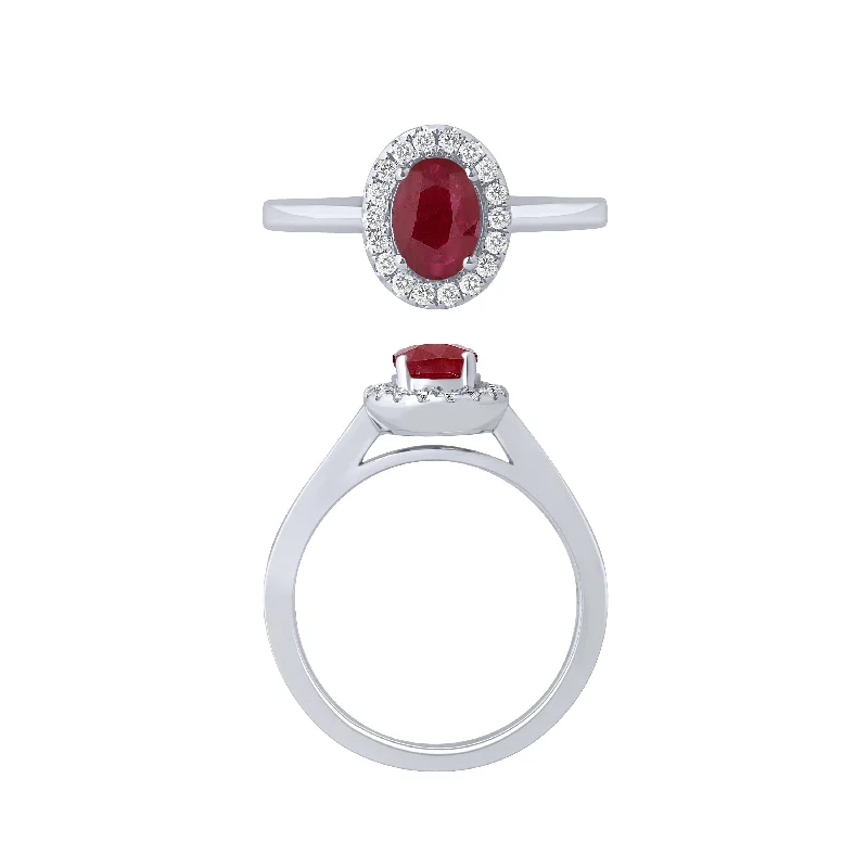 Timeless Gemstone Wedding Rings For Brides-14K White Gold Ruby And Diamond Halo Ring