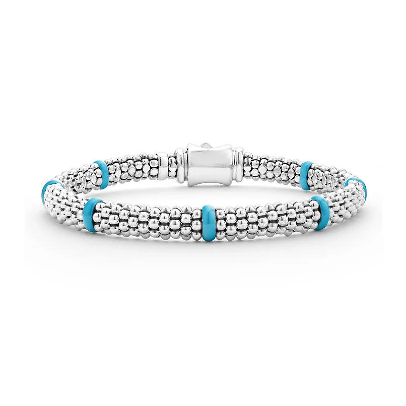 Timeless Leather Bracelets For Masculine Fashion-Light Blue Caviar 7 Station 6mm Beaded Rope Bracelet in Sterling Silver and Ceramic Size 7