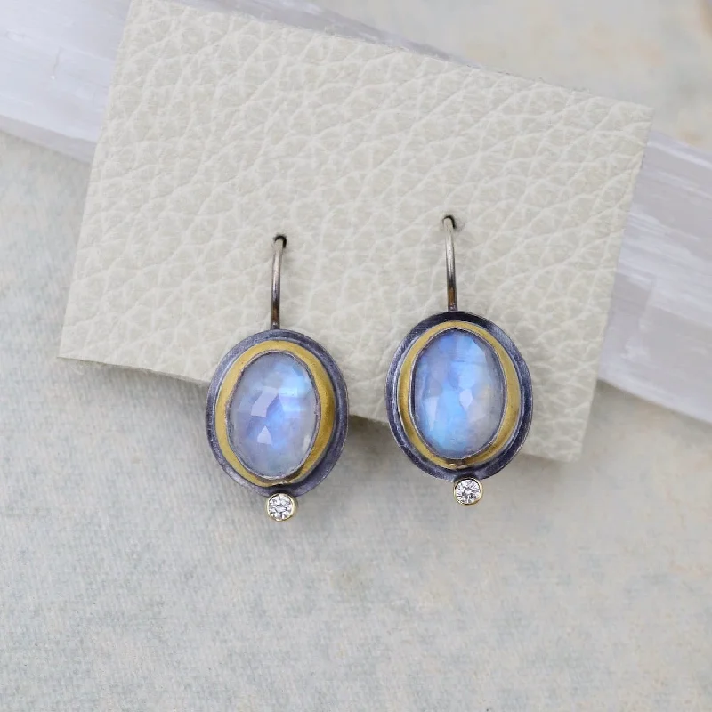 Fashionable Drop Earrings For Formal Occasions-Crescent Rim Hook Earrings with Rainbow Moonstone & Diamond