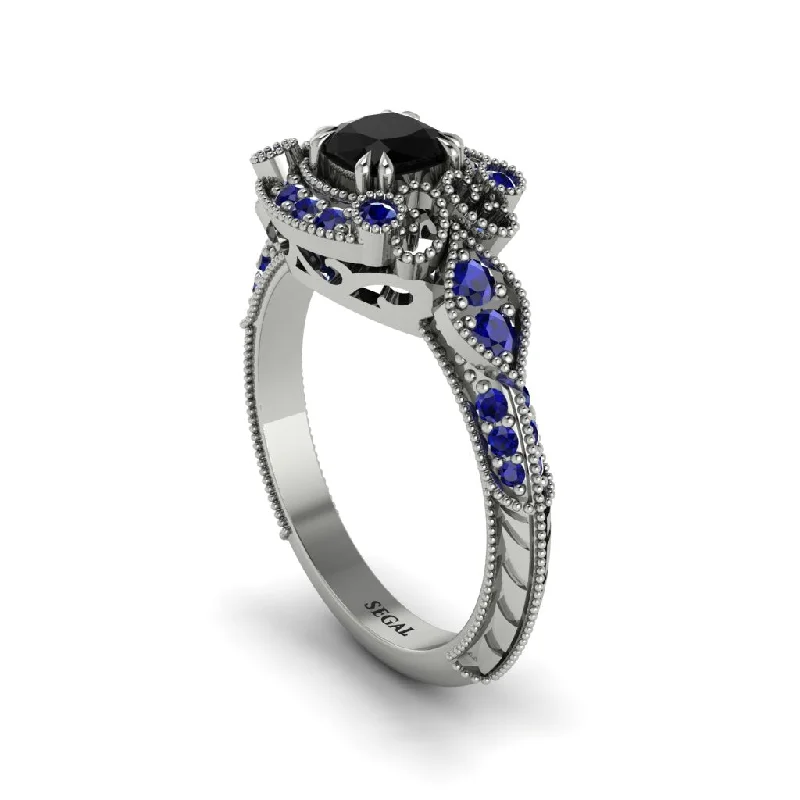 Beautiful Opal Engagement Rings For Unique Glam-Black Diamond Vintage Filigree Cushion Cut Engagement Ring - Elaina No. 69