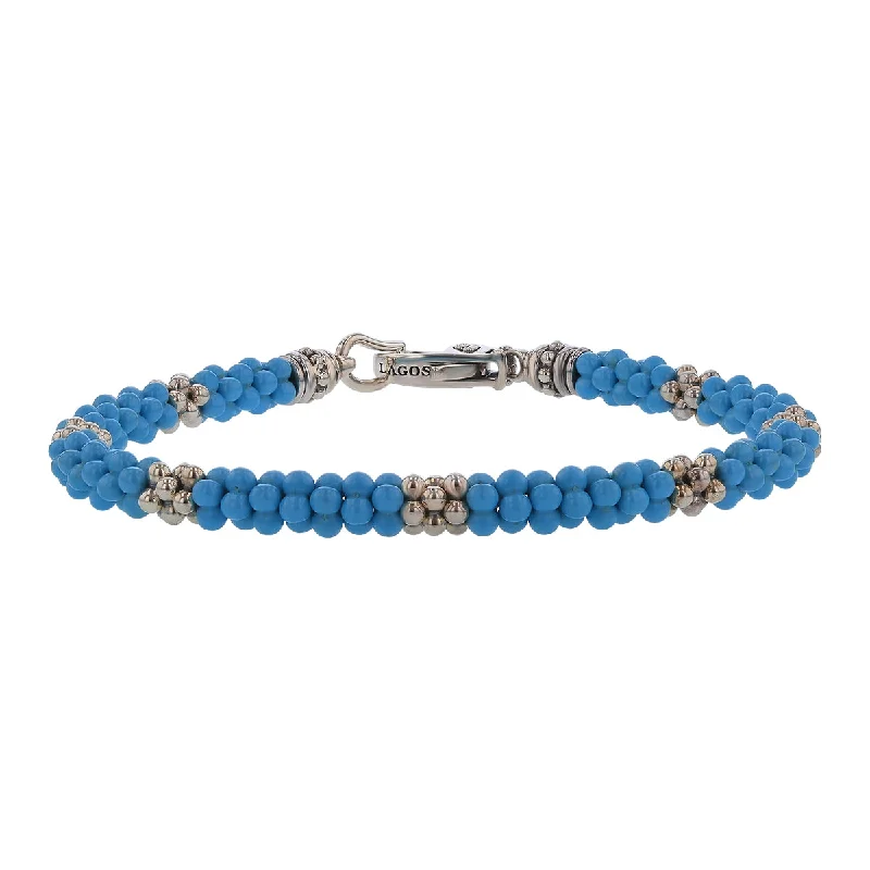 Simple Gold Bracelets For Elegant Wear-Lagos 5mm Station Bracelet in Blue Ceramic and Sterling Silver 7"