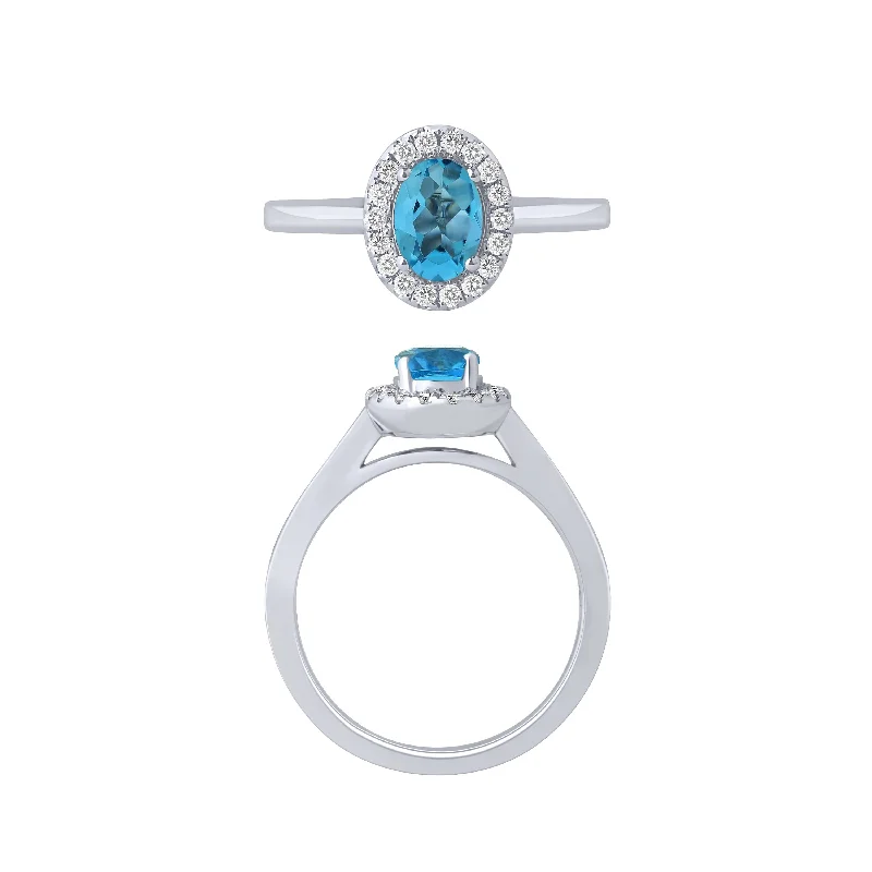 Simple Silver Rings For Minimalist Looks-14K White Gold Blue Topaz And Diamond Halo Ring