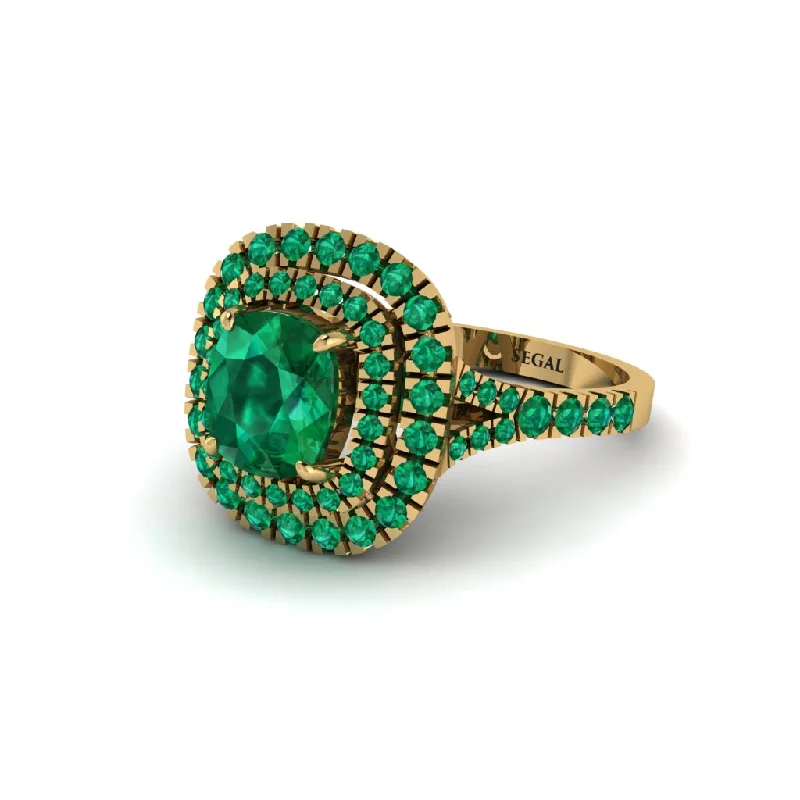 Unique Gemstone Wedding Bands For Brides-Emerald Double Halo Cushion Cut Engagement Ring - Courtney No. 19