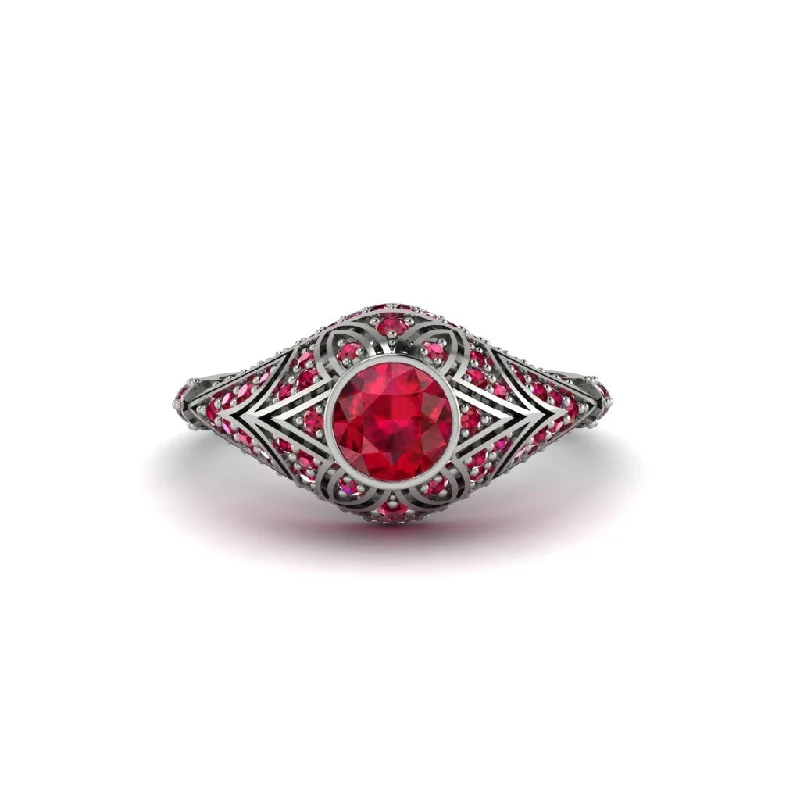 Stunning Gold Wedding Bands For Elegant Wear-Ruby Bezel Vintage Filigree Engagement Ring - Kendall No. 57