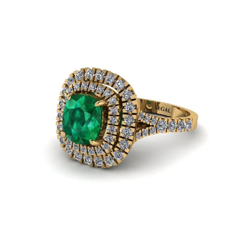 Unique Platinum Engagement Rings For Luxury Proposals-Emerald Double Halo Cushion Cut Engagement Ring - Courtney No. 4