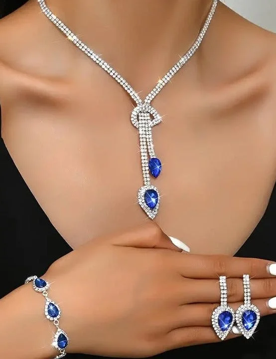 4pcs SILVER Blue Jewelry Set l Rhinestone Earrings l Necklace l Bracelet l Prom l Wedding JS-937