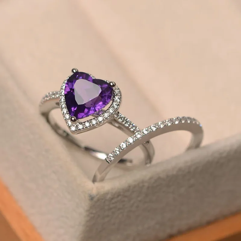 Simple Custom Rings For Thoughtful Gifts-Mi Amor Amethyst Stone 2 Set Ring