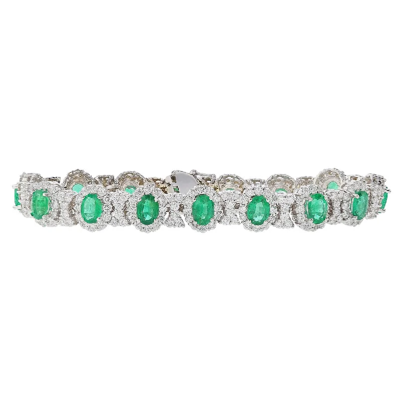 Luxury Leather Bracelets For Elegant Wear-Oval Emerald and Diamond Halo and Bowtie Bracelet