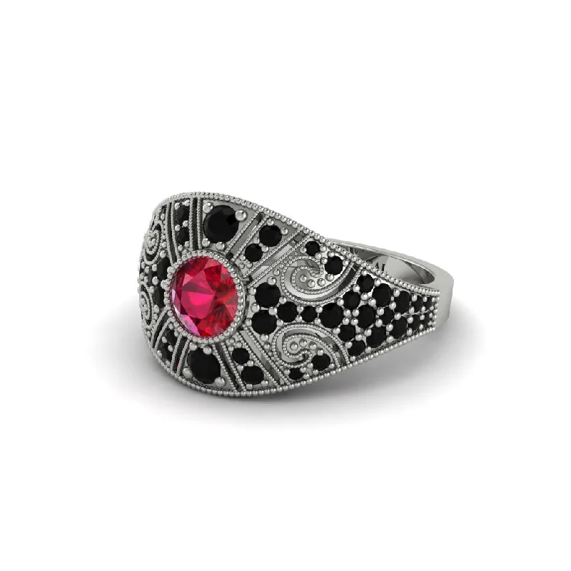 Unique Custom Engagement Rings For Brides-Ruby Vertical Three Stone Vintage Engagement Ring - Vivienne No. 42