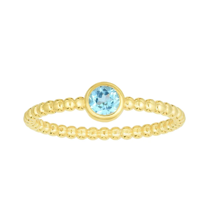 Gorgeous Gemstone Engagement Rings For Brides-14kt Gold Size-7 Yellow Finish 4.5mm Polished Beaded Ring  with  4mm Round Swiss Blue Topaz