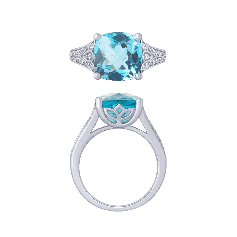 Unique Platinum Engagement Rings For Luxury Proposals-14K White Gold Cushion Aqua And Diamond Ring