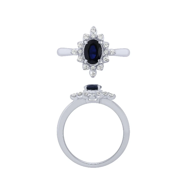 Beautiful Custom Engagement Rings For Brides-14K White Gold Sapphire And Diamond Ring With 1.00Ct Center Oval Blue Sapphire