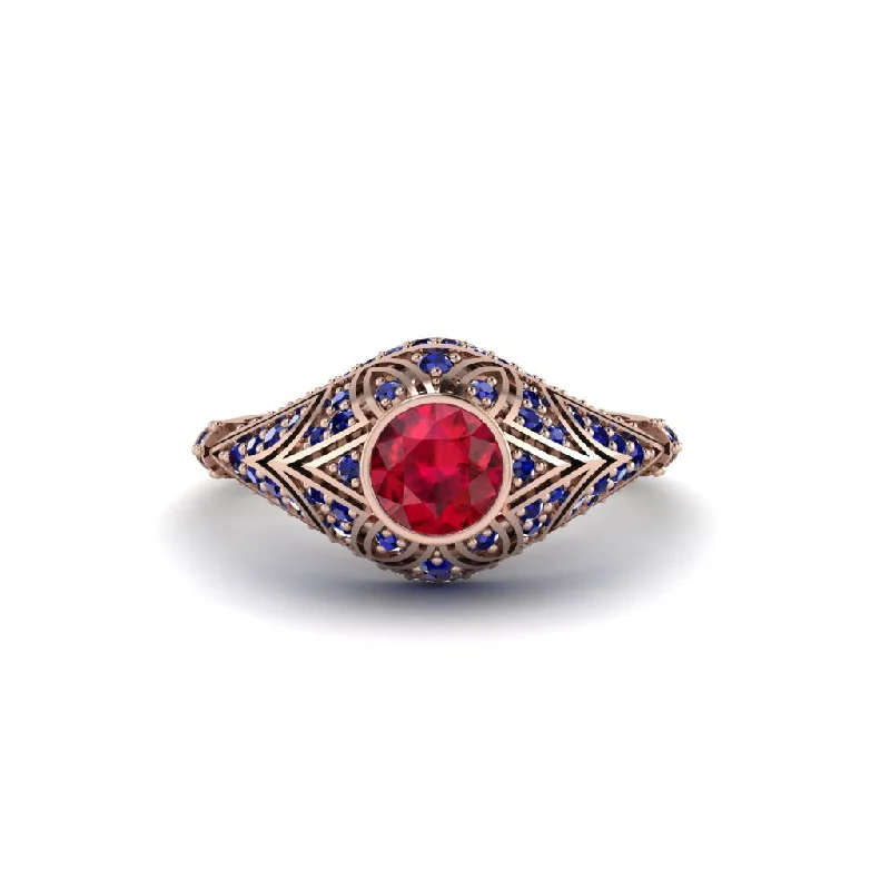 Beautiful Gemstone Rings For Bold Fashion-Ruby Bezel Vintage Filigree Engagement Ring - Kendall No. 71