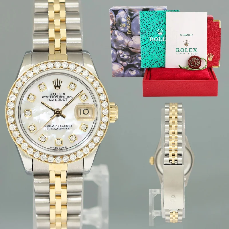 Trendy Quartz Watches For Accurate Timekeeping-PAPERS Diamond Ladies Rolex DateJust 26mm 69173 Two Tone Yellow Gold Mother of Pearl Watch