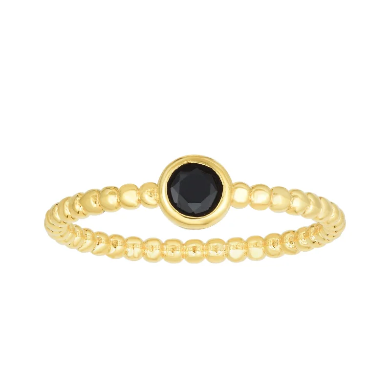 Simple Wedding Rings For Minimalist Couples-14kt Gold Size-7 Yellow Finish 4.5mm Polished Beaded Ring  with  4mm Round Black Spinel