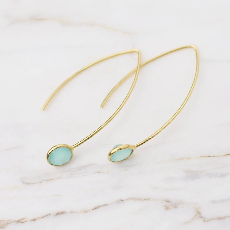 Colorful Earrings For Playful Fashion-Gold Filled Hair Pin Drop Earrings with Bezel Set Aqua Blue Chalcedony