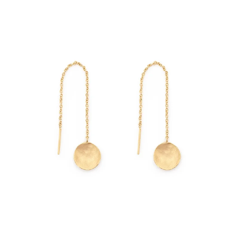 Bold Gold Earrings For Statement Looks-Hammered Disc Drop Threader Earrings