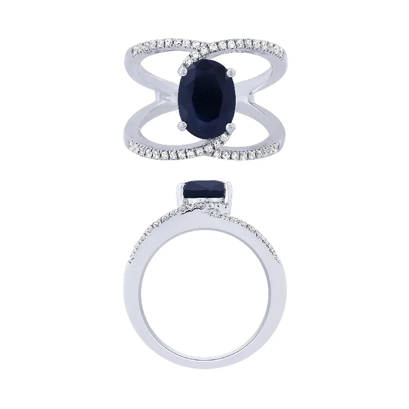 Simple Gemstone Wedding Rings For Elegant Wear-14K White Gold Diamond And Sapphire Fashion Ring