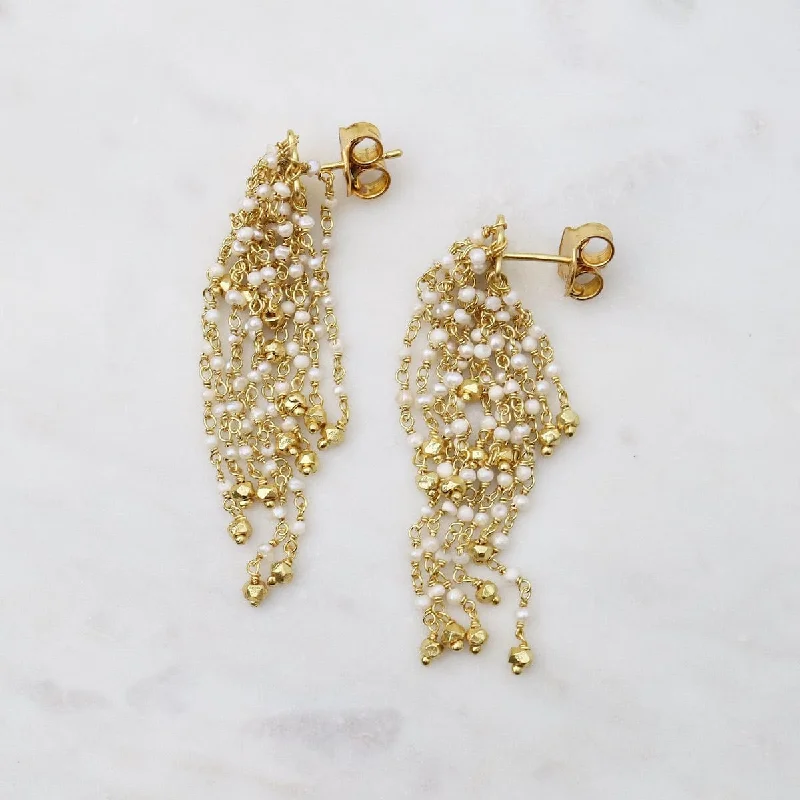 Long Drop Earrings For Elegant Style-Pearl Waterfall with Gold Beads Earrings