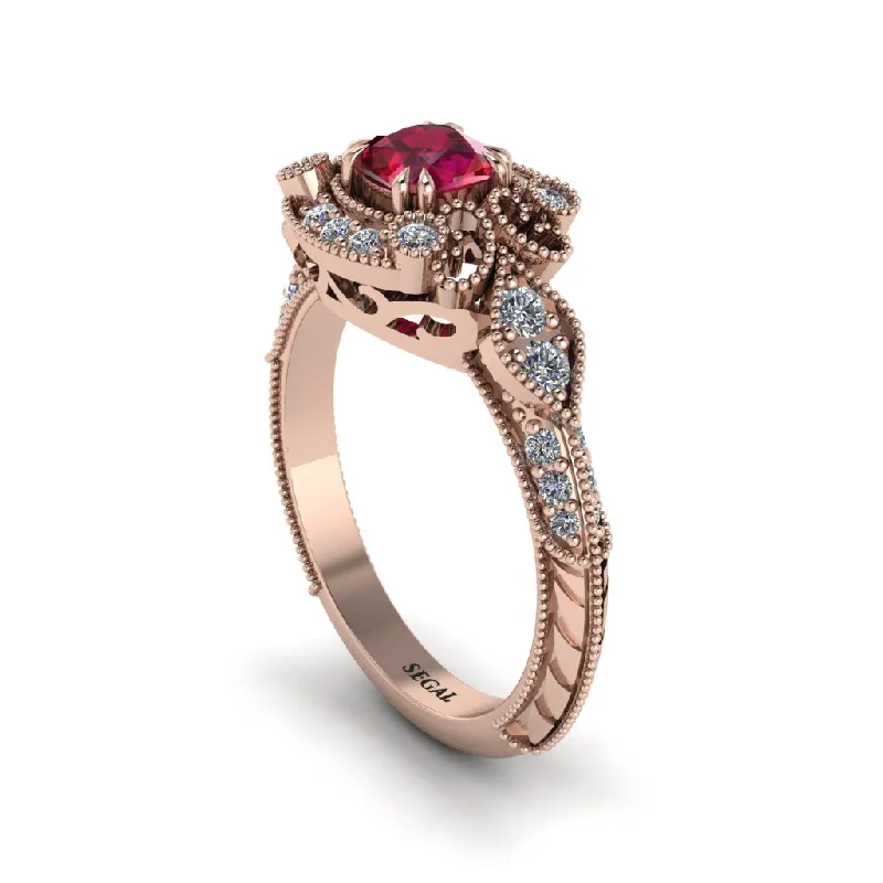 Custom Wedding Bands For Fashion-Forward Couples-Ruby Vintage Filigree Cushion Cut Engagement Ring - Elaina No. 11