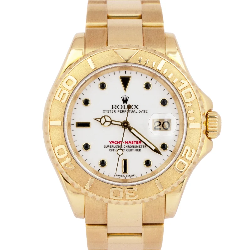 Elegant Dress Watches For Formal Events-MINT Rolex Yacht-Master 40mm WHITE 18K Yellow Gold NO-HOLES Watch 16628 BOX