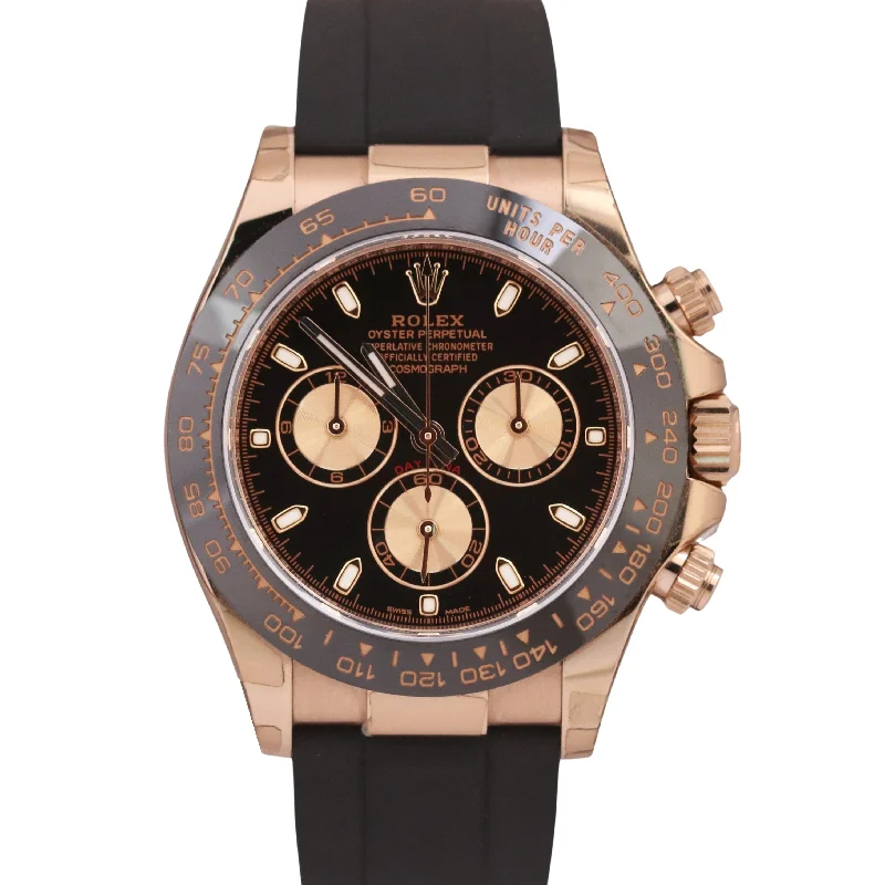 Beautiful Silver Watches With Gemstone Details-MINT 2023 Rolex Daytona Cosmograph 18K Gold BLACK 40mm Oysterflex 116515 BOX