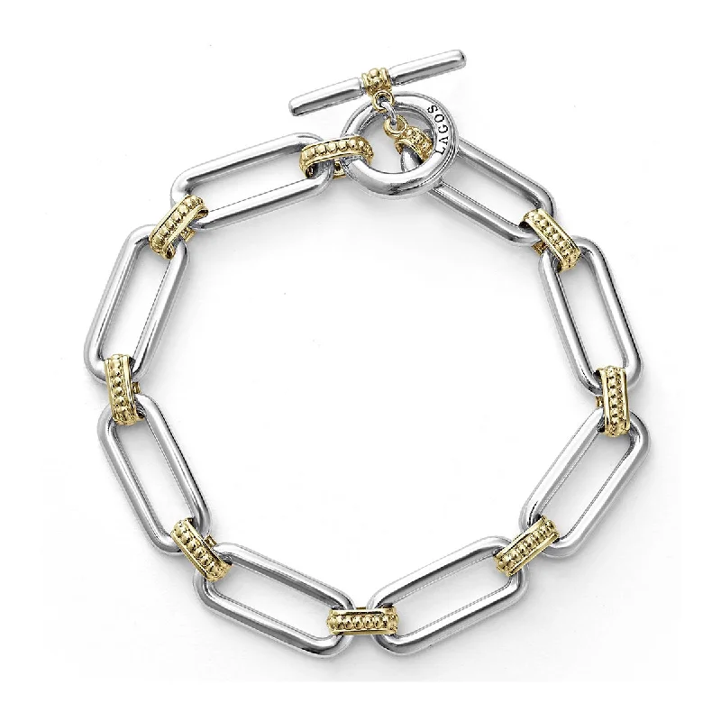 Elegant Tennis Bracelets For Bridal Glam-Signature Caviar Link Bracelet in Sterling Silver and 18K Yellow Gold with Toggle Clasp Size 7