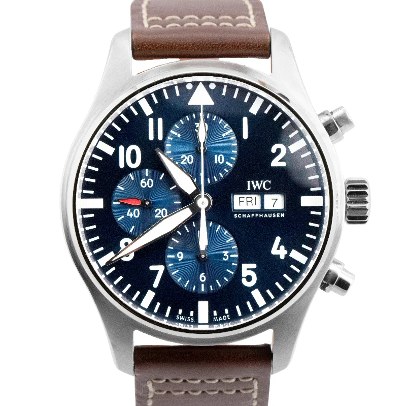 Luxury Diamond Watches For Special Occasions-MINT IWC Pilot Le Petit Prince BLUE 43mm Leather Steel Chronograph IW377714 BOX