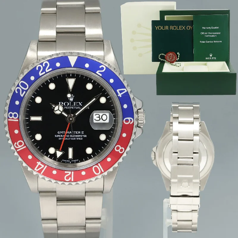 Stunning Gold Watches For Luxury Glam-MINT 2000 Rolex GMT-Master II 2 Pepsi Blue Red Steel 16710 Watch Black Watch Box