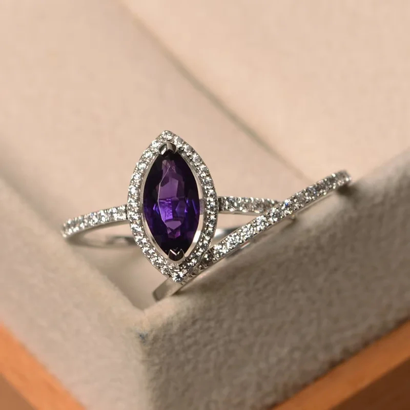 Beautiful Vintage-Inspired Wedding Rings For Classic Brides-Violet Amethyst Silver 2 set Ring