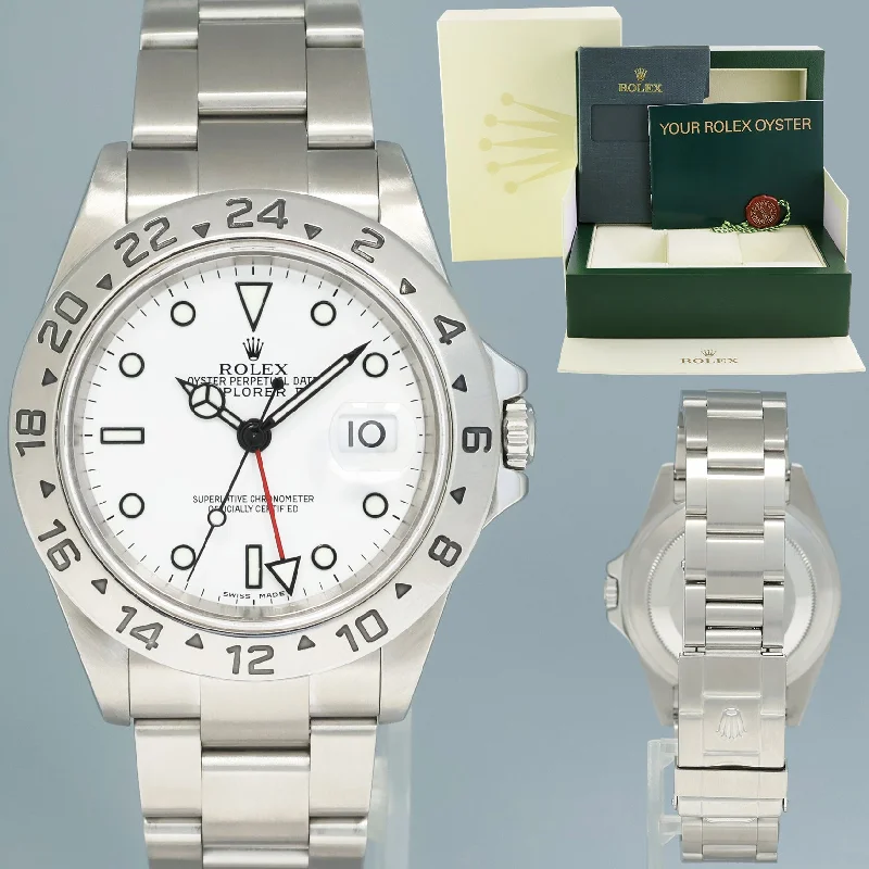 Gorgeous Chronograph Watches For Bold Statements-2004 MINT Rolex Explorer II White 16570 40mm No Holes Polar GMT Watch Box