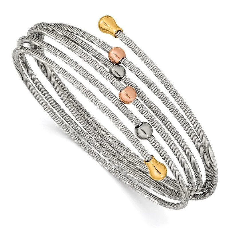 Unique Gold Bangles For Statement Style-Stainless Steel Polished Rose and Yellow IP-plated Flexible Coil Bangle