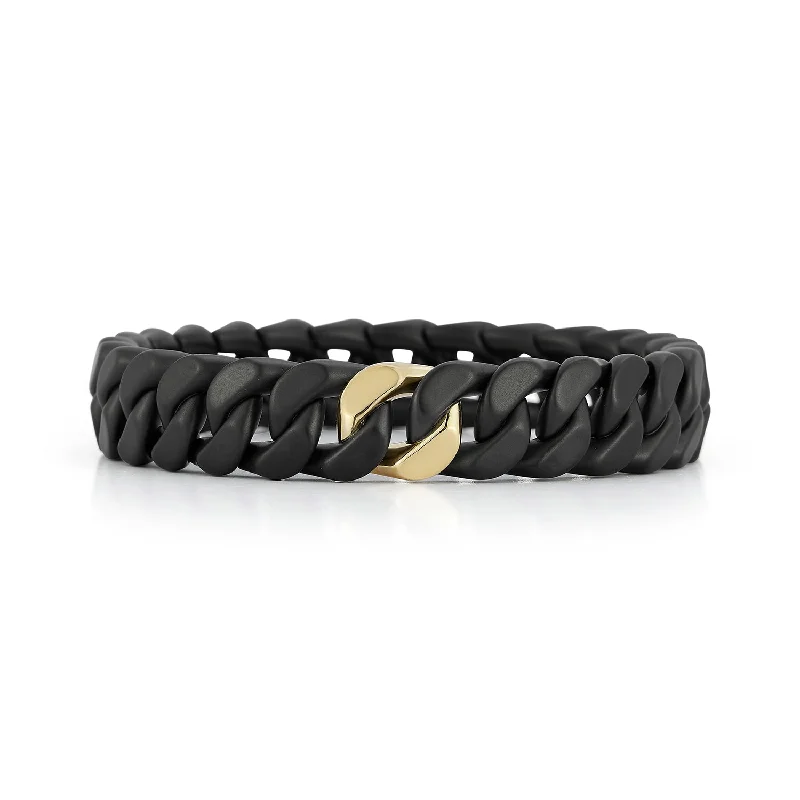 Simple Leather Bracelets For Casual Fashion-Men's Matte Stretch Link Bracelet in 18K Yellow Gold and Ceramic Size Large