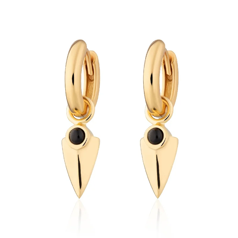 Bold Gold Earrings For Statement Looks-Black Onyx Shield Charm Hoop Earrings