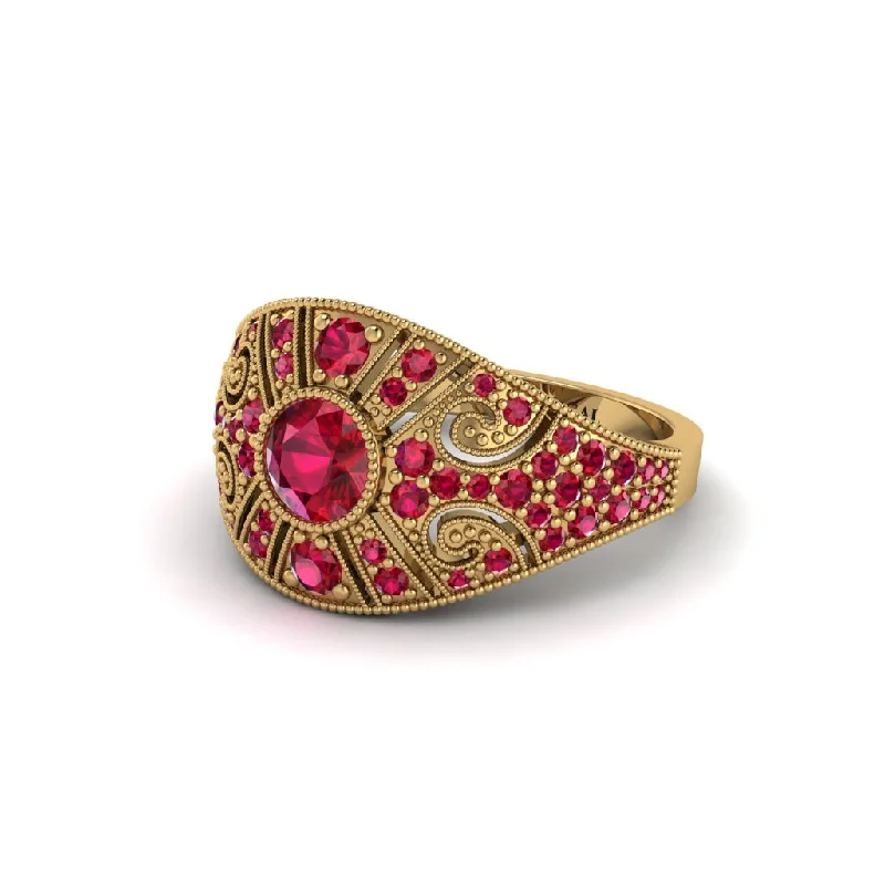 Sparkling Wedding Bands For Elegant Occasions-Ruby Vertical Three Stone Vintage Engagement Ring - Vivienne No. 55