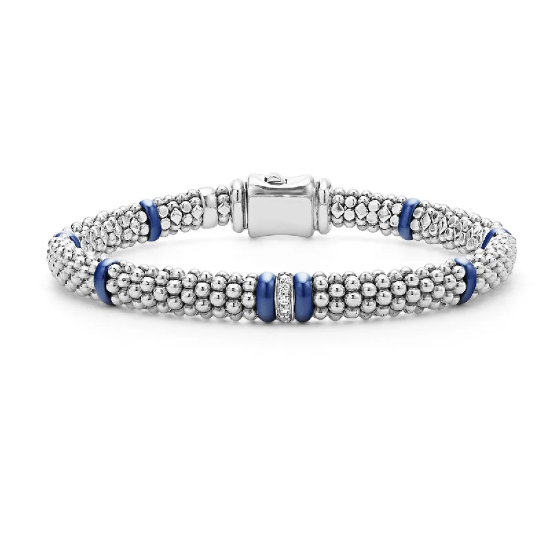 Elegant Wedding Bracelets For Bridal Glam-0.05Ct Diamond Blue Caviar Single Station Bracelet in Sterling Silver and Ceramic, Size 7