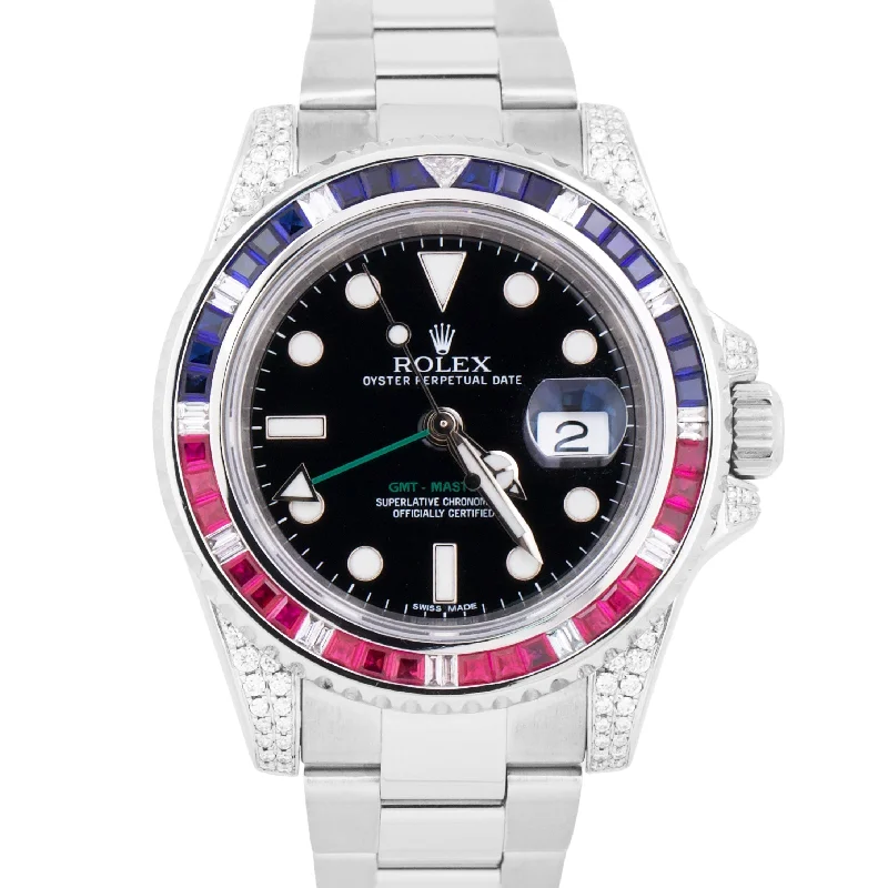 Stylish Watch Sets For Fashion-Forward Looks-MINT Rolex GMT-Master II DIAMOND SAPPHIRE RUBY 40mm Black Steel Watch 116710 LN