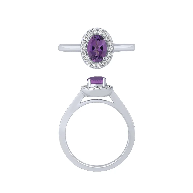 Stunning Cocktail Rings For Glamorous Parties-14K White Gold Amethyst And Diamond Halo Ring