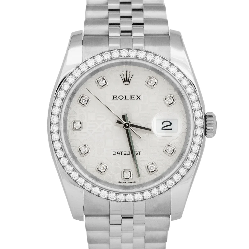 Elegant Women’s Watches With Diamond Features-MINT Rolex DateJust 36mm FACTORY DIAMOND BEZEL Steel Silver JUBILEE Watch 116244