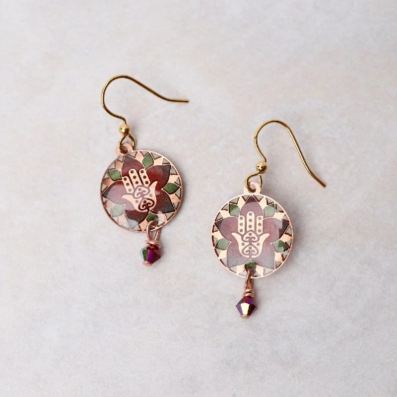 Beautiful Gold Earrings For Special Events-Copper Hamsa Mandala Earrings