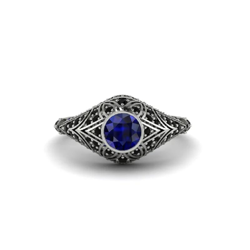 Affordable Gemstone Engagement Rings For Budget Brides-Sapphire Bezel Vintage Filigree Engagement Ring - Kendall No. 45