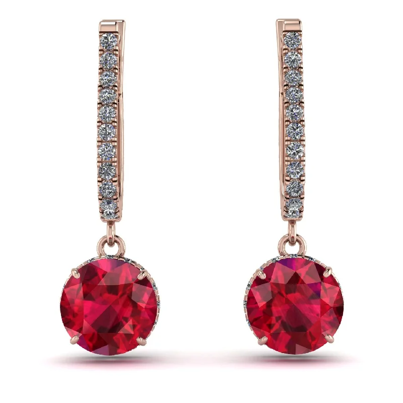 Gold Stud Earrings For Fashionable Wear-Ruby Dangle Earrings With Hidden Halo - Adaline No. 11