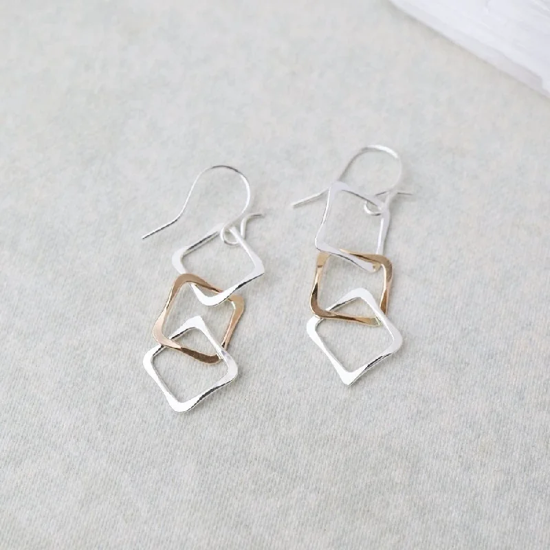 Stunning Silver Earrings For Formal Fashion-3 Square Link Earrings - Mix Metals