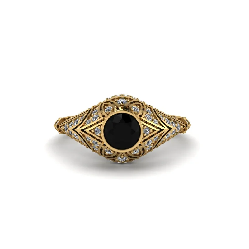 Beautiful Wedding Bands For Elegant Occasions-Black Diamond Bezel Vintage Filigree Engagement Ring - Kendall No. 7