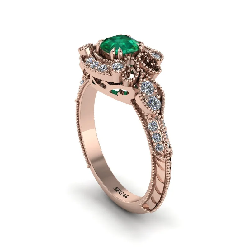 Beautiful Platinum Wedding Rings For Elegant Brides-Emerald Vintage Filigree Cushion Cut Engagement Ring - Elaina No. 5