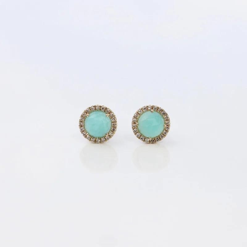 Luxury Pearl Earrings For Weddings-Rose Cut Amazonite Center & Diamond Post Earrings