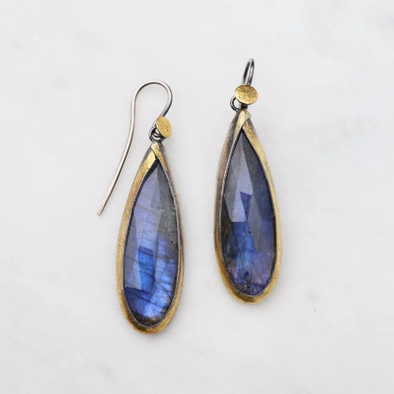 Bold Gold Earrings For Statement Looks-Large Teardrop Fold Earrings in Labradorite