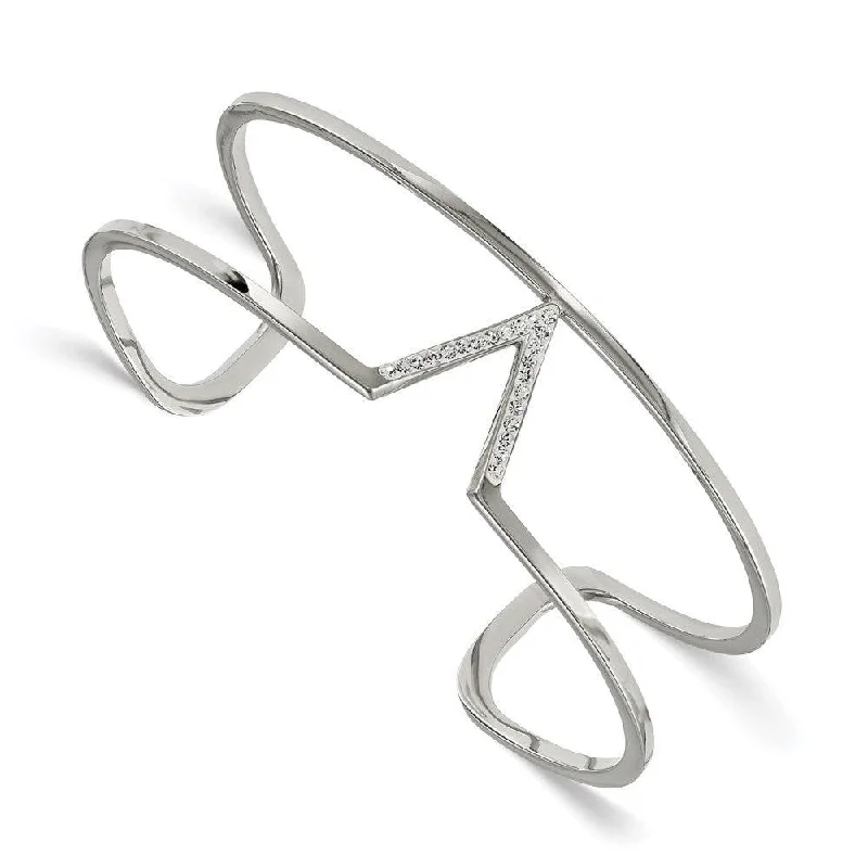 Simple Silver Bangles For Minimalist Style-Stainless Steel Polished w/ Preciosa Crystal V shape Bangle