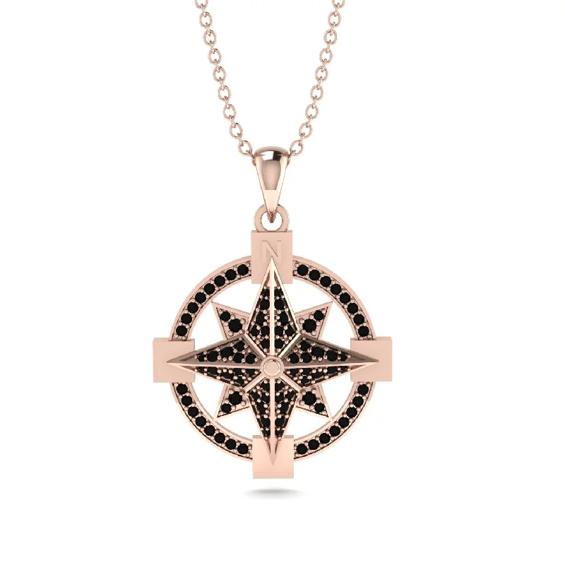 Black Diamond-Encrusted Compass Charm Necklace - Celeste No. 8